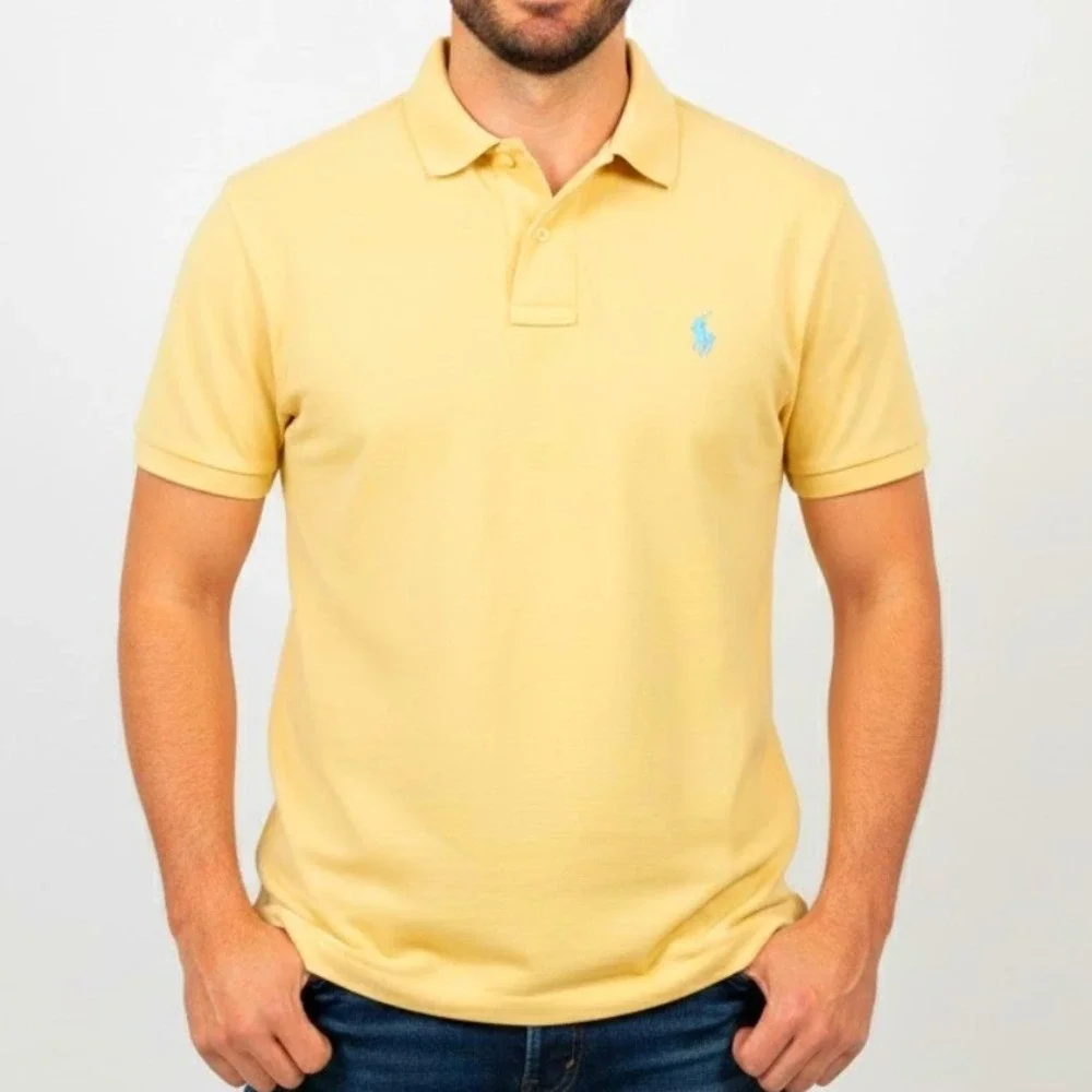 Polo Ralph Lauren Men Polo Shirt L 2‎ Button Yellow Short Sleeve Classic Preppy